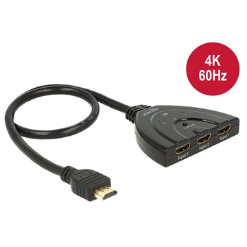 Delock 18600 HDMI UHD-kapcsoló, 3 x HDMI-bemenet > 1 x HDMI-kimenet, 4K integrált kábellel (50 cm)