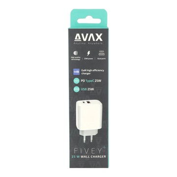 AVAX CH631W FIVEY+ USB A + Type C 25W GaN gyors hálózati töltő, fehér