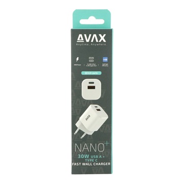 AVAX CH640W NANO+ USB A + Type C 30W GaN gyors hálózati töltő, fehér