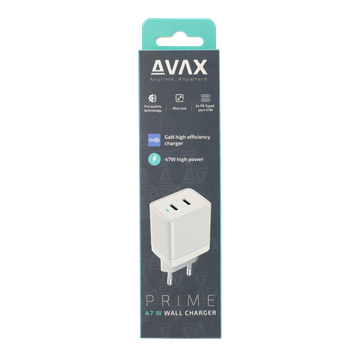 AVAX CH900W PRIME GaN gyors hálózati töltő 2x Type C, 47W, fehér