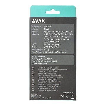 AVAX PB105B MINI PD/Type-C 20W gyorstöltő Powerbank 10.000mAh, fekete
