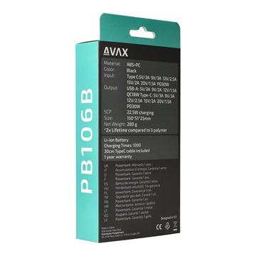 AVAX PB106B LEISURE PD/Type-C 30W+QC 18W gyorstöltő Powerbank 15.000mAh, fekete