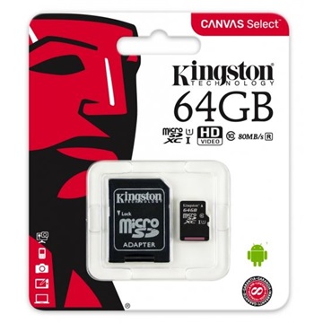 Kingston 64GB SD micro Canvas Select 80R (SDXC Class 10  UHS-I) (SDCS/64GB) memória kártya adapterrel