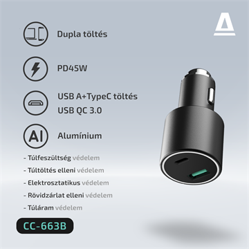 AVAX CC663B CARLY+ USB A (QC)+Type C (PD) 63W autós töltő, fekete