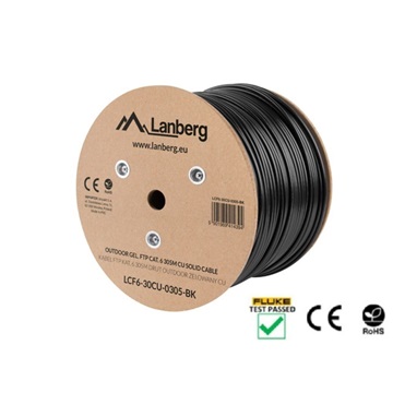 Lanberg Cat.6 F/UTP kültéri réz telepítői kábel, gél réteggel, 305m, 23AWG, 250Mhz, Fca, fekete